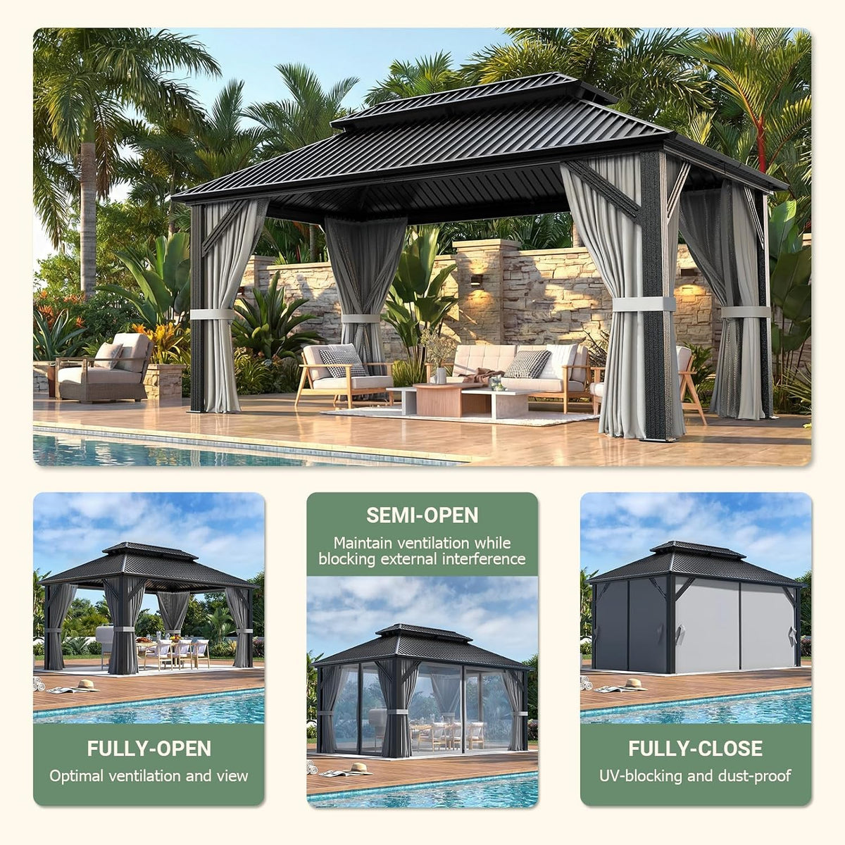 Polar Aurora 10'x14' Aluminum Gazebo Grey