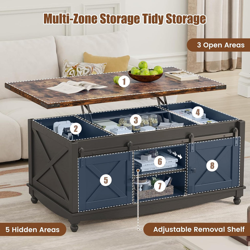 ALLSTAND 48" Farmhouse Lift Top Coffee Table with Storage Sliding Barn Door & Large Hidden Compartment, Coffee Table with Lifting Top with Wooden Lift Tabletop, Coffee Tables for Living Room, Black