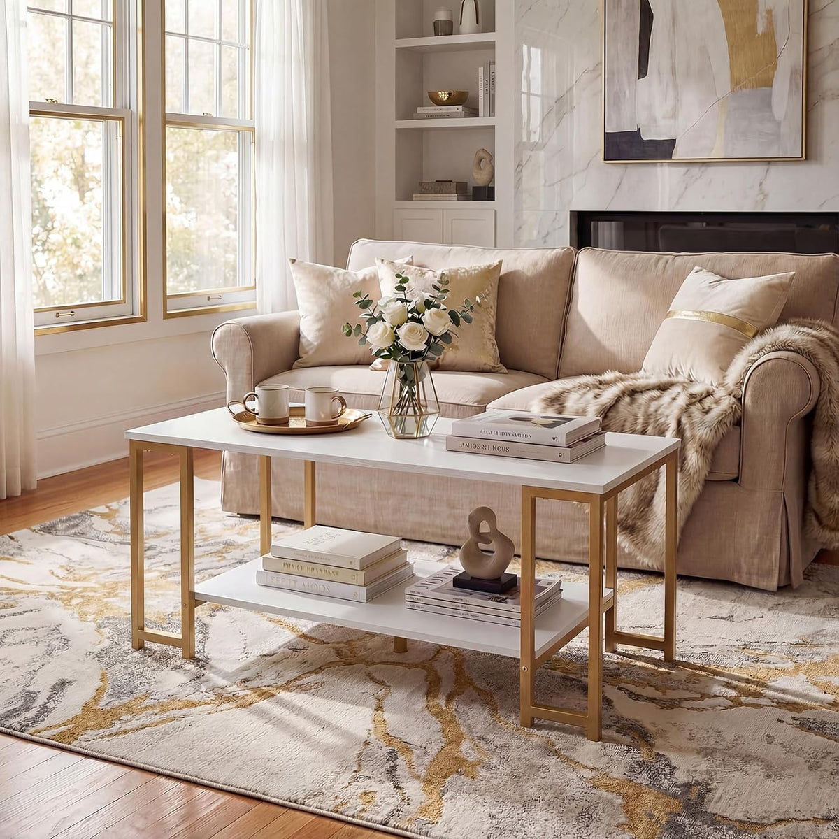 GIANTEX 2-Tier Coffee Table with Storage, 39.5" Center Table, Gold & White