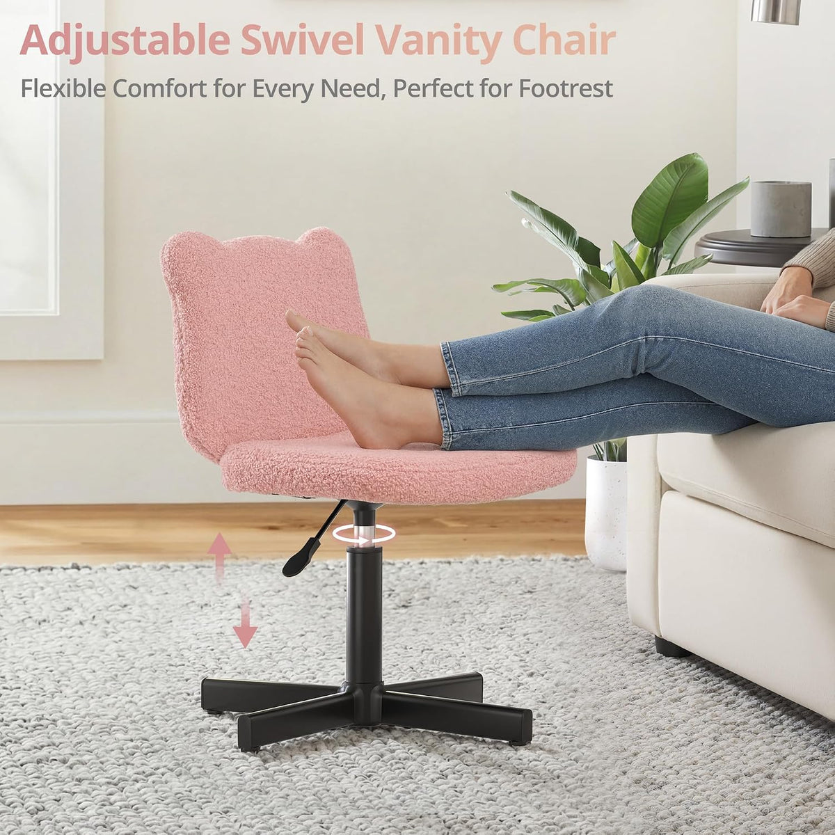 LUE BONA Cute Bear Ear Vanity Chair for Teen Girls - Height Adjustable 13.8"-18.9" Swivel Stool with Back Support, Teddy Velvet Makeup Ottoman, 300lbs, Pink