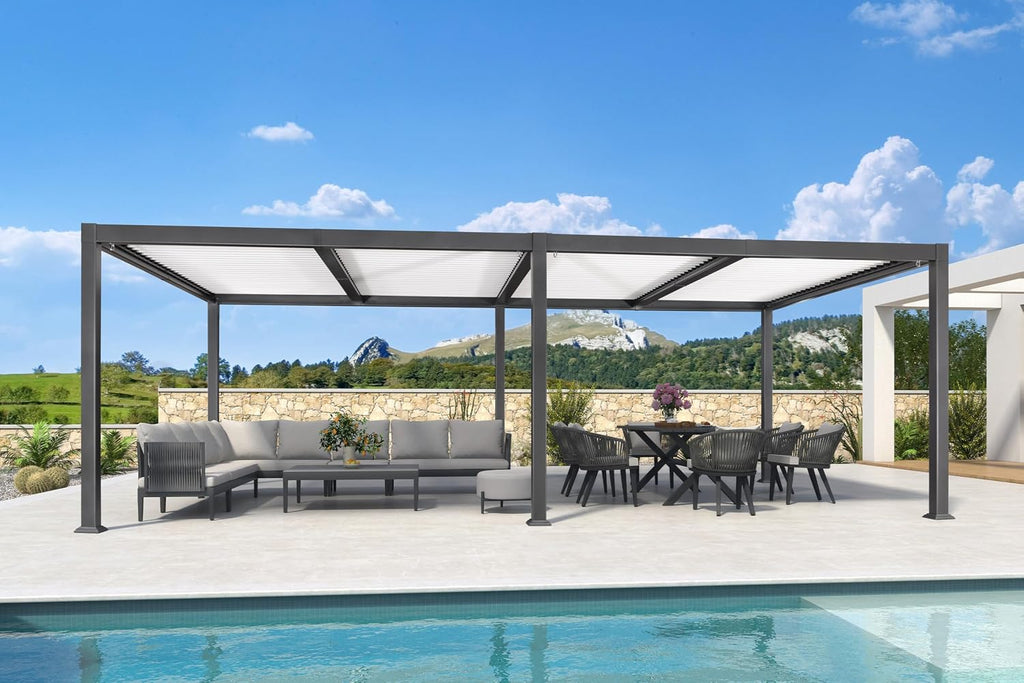 PURPLE LEAF Louvered Pergola 11' x 23' Large White Roof Aluminum Frame