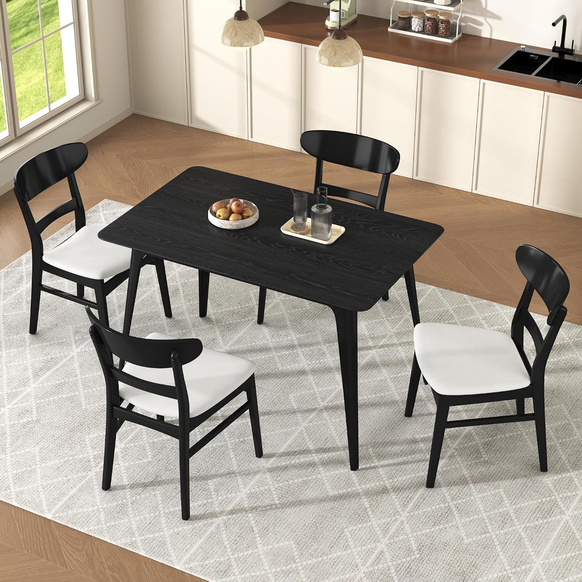 Wood Dining Room Table Set for 4,Mid Century Modern Dining Table Set,Kitchen Table Set for Breakfast Nook and Small Space,5 Piece Dining Table for Apartment,Living Room,Wooden Frame(Black+Light Beige)