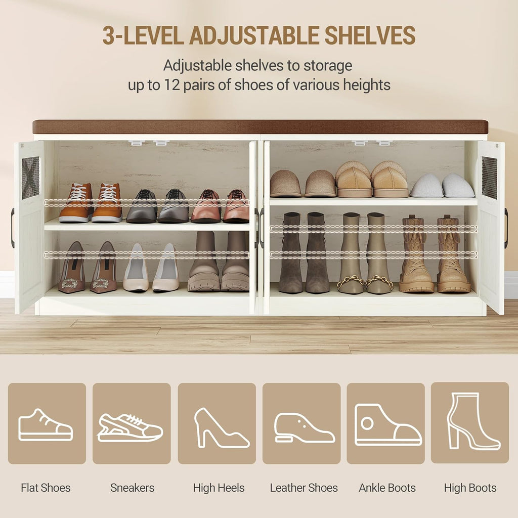 Hzuaneri 47.2" Shoe Storage Bench with 4 Barn Doors & Padded Seat Cushion