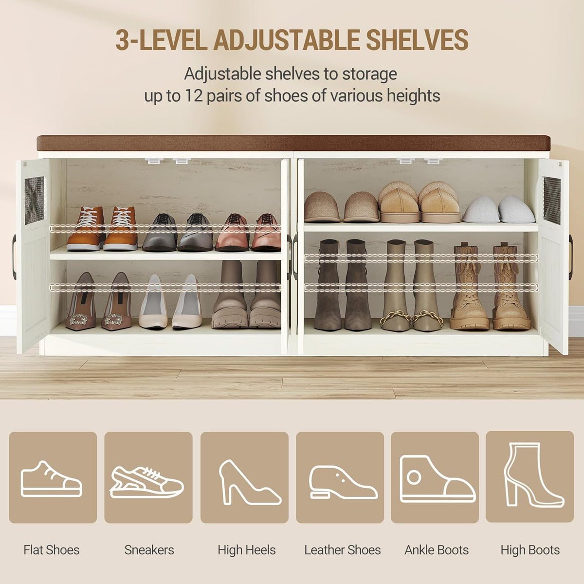 Hzuaneri 47.2" Shoe Storage Bench with 4 Barn Doors & Padded Seat Cushion