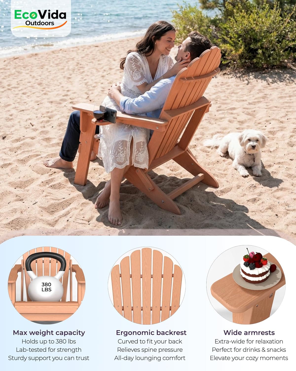 HDPE Folding Adirondack Chair with Dual Cup Holders, Cedar