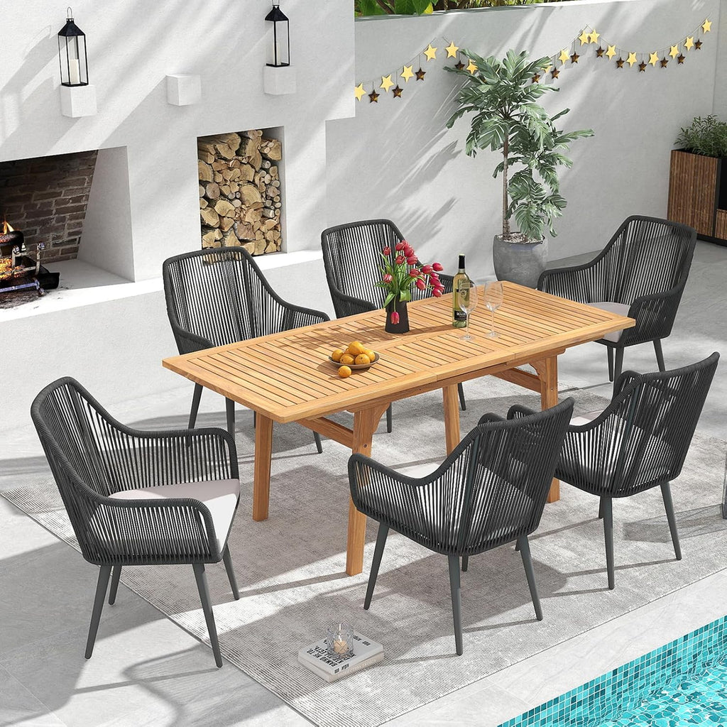 Patiorama 7 Piece Outdoor Dining Set, 55"-71" Wood Expandable Table, Black