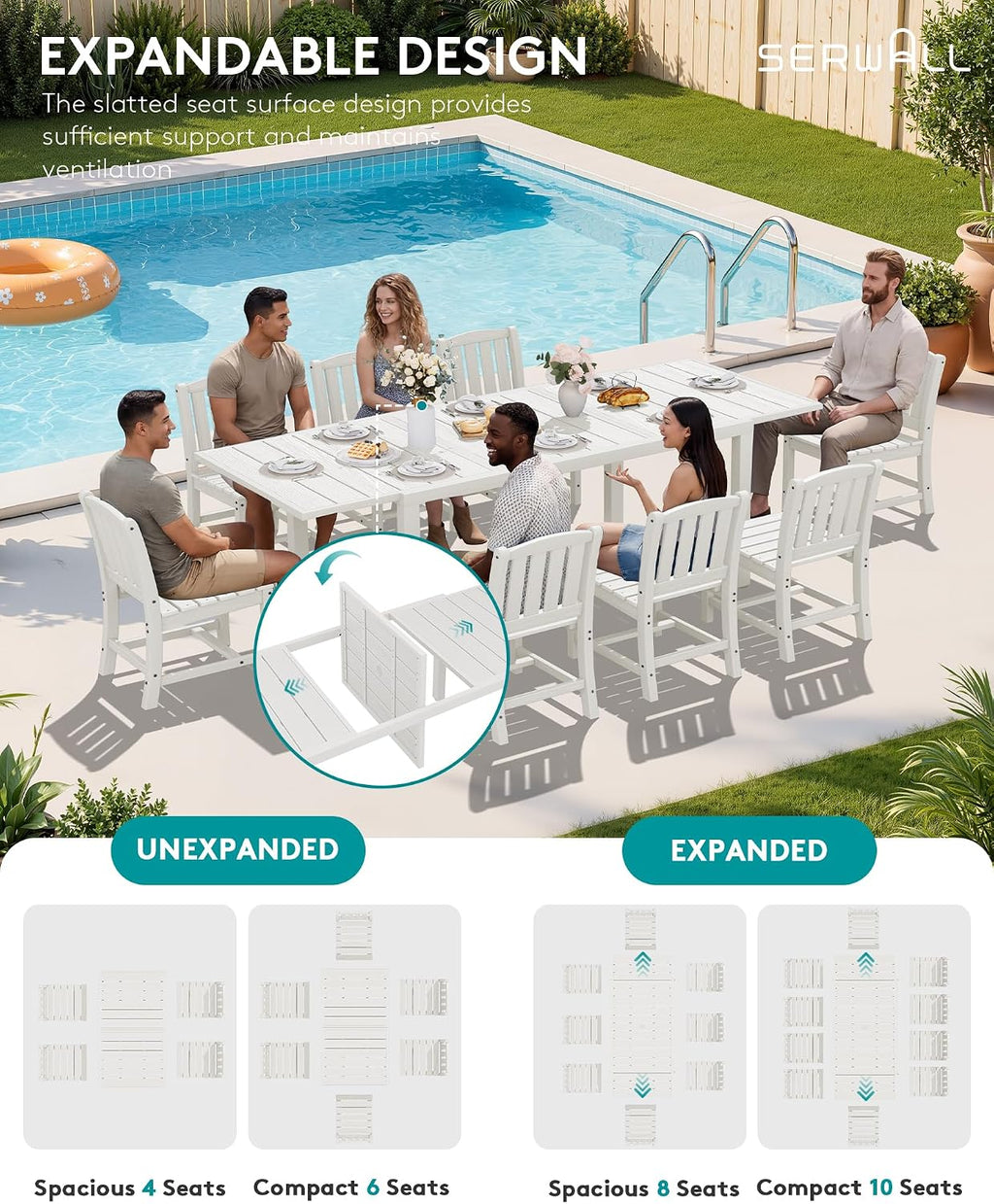 SERWALL Outdoor Expandable Dining Table, White