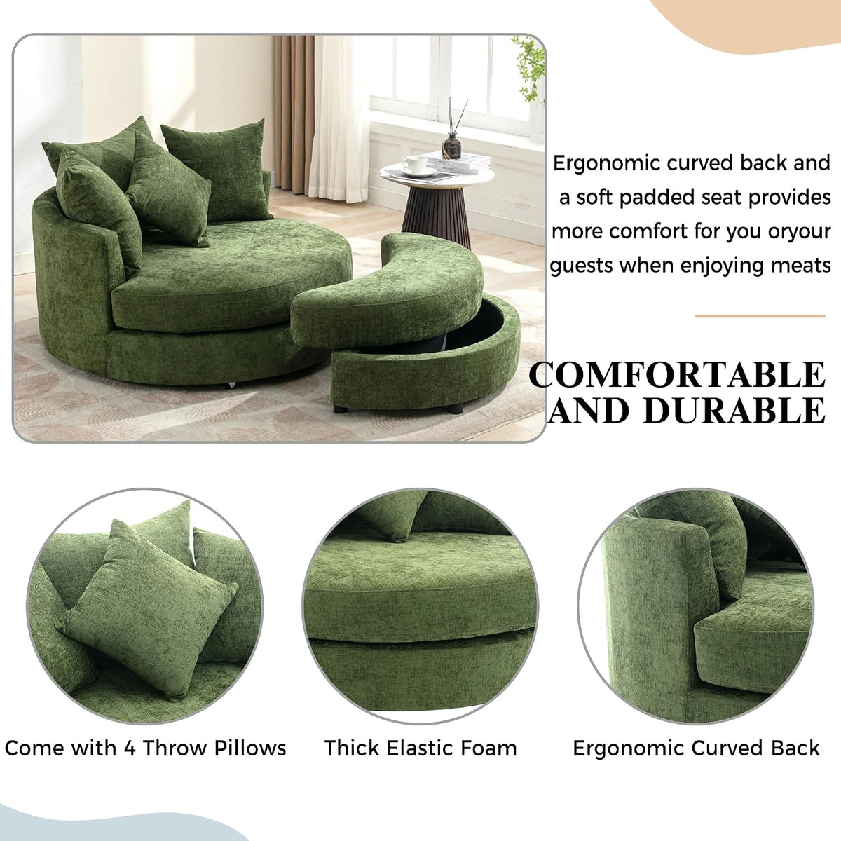 Merax 360° Swivel Barrel Chair with Half Moon Storage Ottoman, Oversized Leisure Round Single Sofa Large Chaise Lounge with 4 Pillows, Comfy Linen Upholstered Accent Arm Chairs for Living Room, Green
