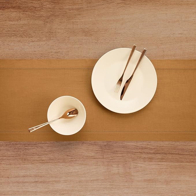 Solino Home Linen Brown Sugar Table Runner 72 Inches Long - 100% Pure Linen Hemstitch Table Runner 14 x 72 Inch for Dresser, Dining, Fall, Autumn, Halloween, Thanksgiving - Classic Hemstitch
