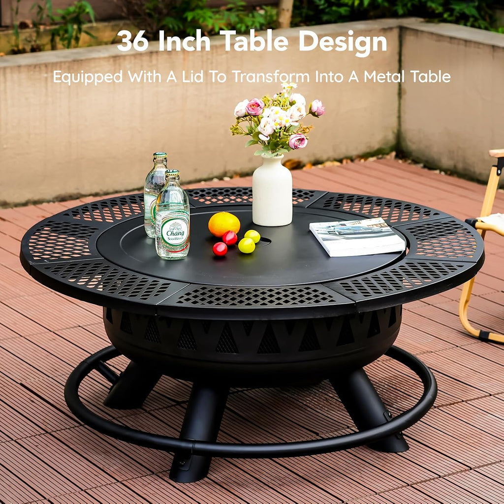 36 Inch Outdoor Fire Pit with 2 Grills,Wood Burning Outside Large Fireplace