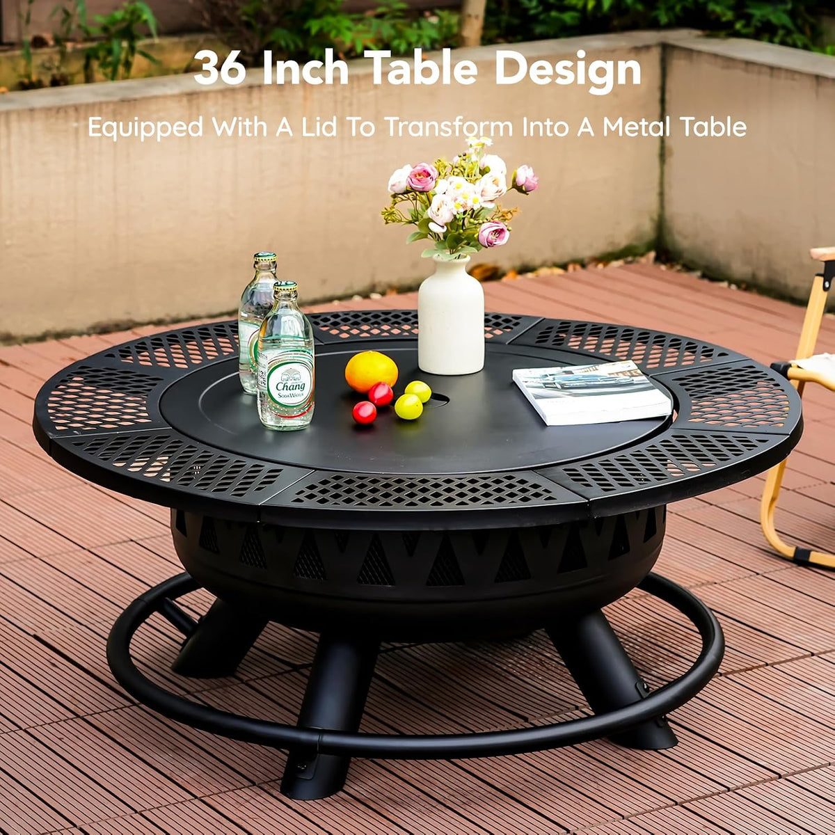 36 Inch Outdoor Fire Pit with 2 Grills,Wood Burning Outside Large Fireplace