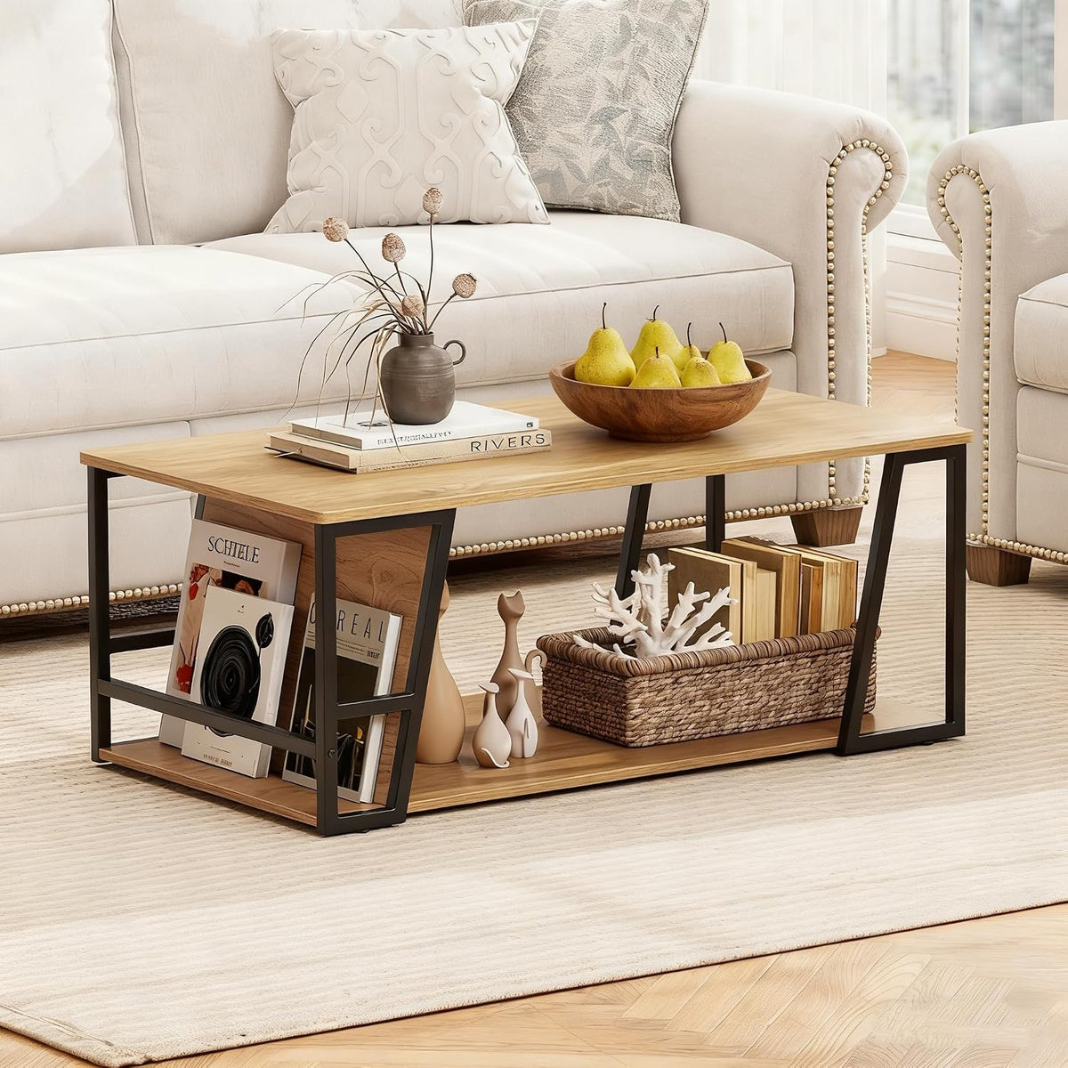GIANTEX Modern Coffee Table with Storage, 2-Tier Wood Center Table, Oak