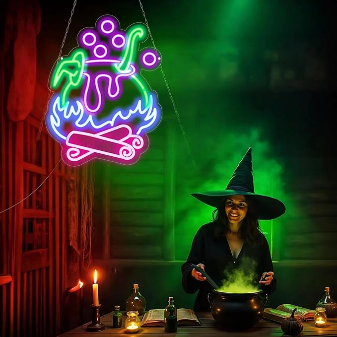 "Witch Brew" Cauldron Neon Sign - Spooky LED Cauldron Wall Art, Spooky Halloween, Witch's Brew Led Sign, Witch Pot Neon Light for Halloween Led Sign Halloween Decorations Party Decor Home Bar