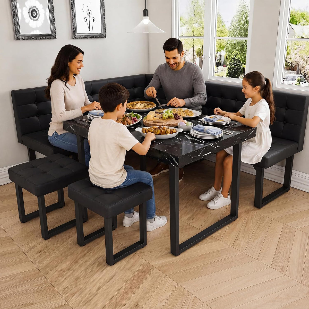 XIAO WEI Corner Dining Table Set for Small Spaces, 72 Inch Breakfast Nook with Storage Banquette, 5 Piece Dining Set with Upholstered Bench, Modern Black