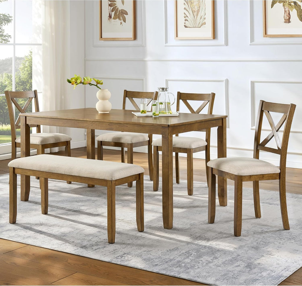 Merax 6-Piece Wood Kitchen Dining Table Set, 58.5" Rectangular Table with 4 Upholstered Chairs & 1 Bench, Rubberwood Legs Modern Elegant Farmhouse for Kitchen Room, Oak
