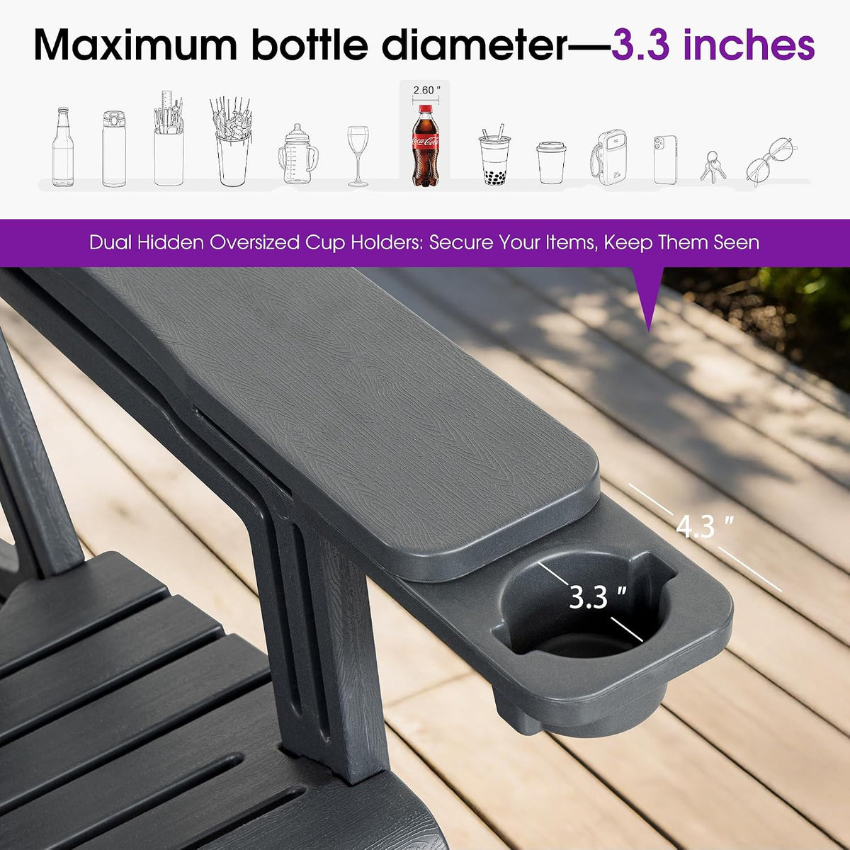 PURPLE LEAF Adirondack Chair w/Cup Holders, Wider Seat for Fire Pit, Grey