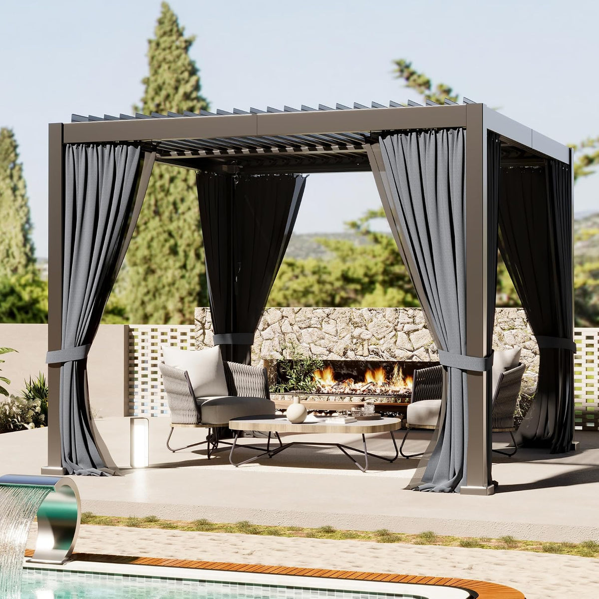 10'x10' Metal Pergola, Outdoor Patio Pergola with Hardtop Roof,Aluminum Pergolas with Curtains,Waterproof Gazebo for Garden,Patio,Gray