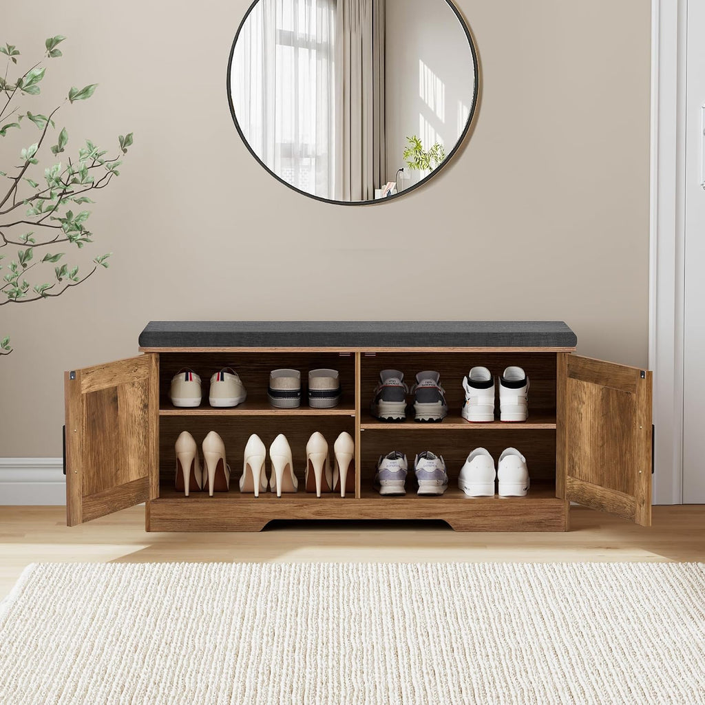 HOMSHO Farmhouse Shoe Storage Bench with 2 Barn Doors & Padded Seat Cushion