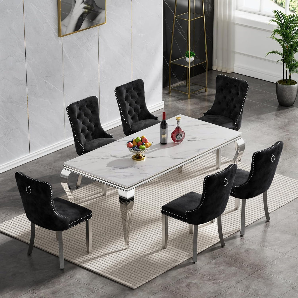 Henf 7 Piece Marble Dining Table Set for 6, 68" Modern Kitchen Dining Room Table and Black Chairs Set for 6, White Silver Dinner Table Set for 6 with Mirrored Stainless Steel Legs for Dining Kitchen