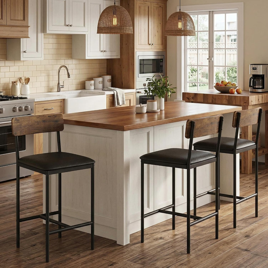 GarveeHome Bar Stools Set of 4, Upholstered Counter Height Bar Stools with Backrest and Footrest, Kitchen Barstools for Island, Counter Bar, Easy Assembly, Rustic Brown