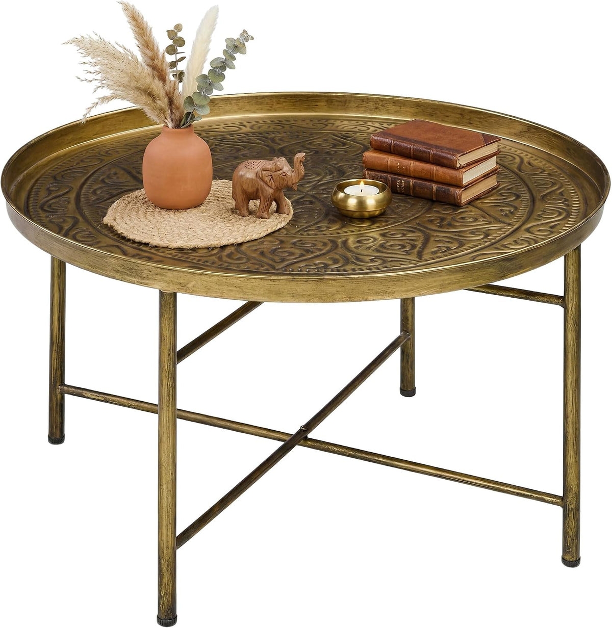 HOMCOM 24" Hammered Round Coffee Table Vintage Metal Side Table Gold