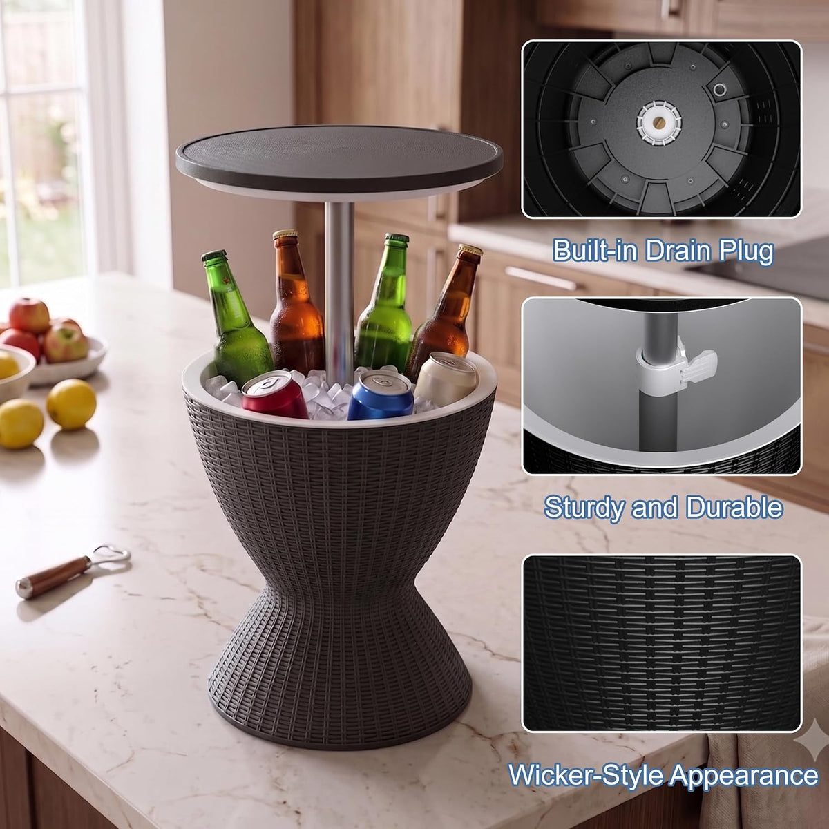 EasyUp Outdoor Cooler Bar Table – 8 Gallon Outdoor Patio Cooler Table with Drain Plug, Adjustable Height Rattan-Style Resin Cool Bar for Poolside, Deck, BBQ & Parties Classic Black