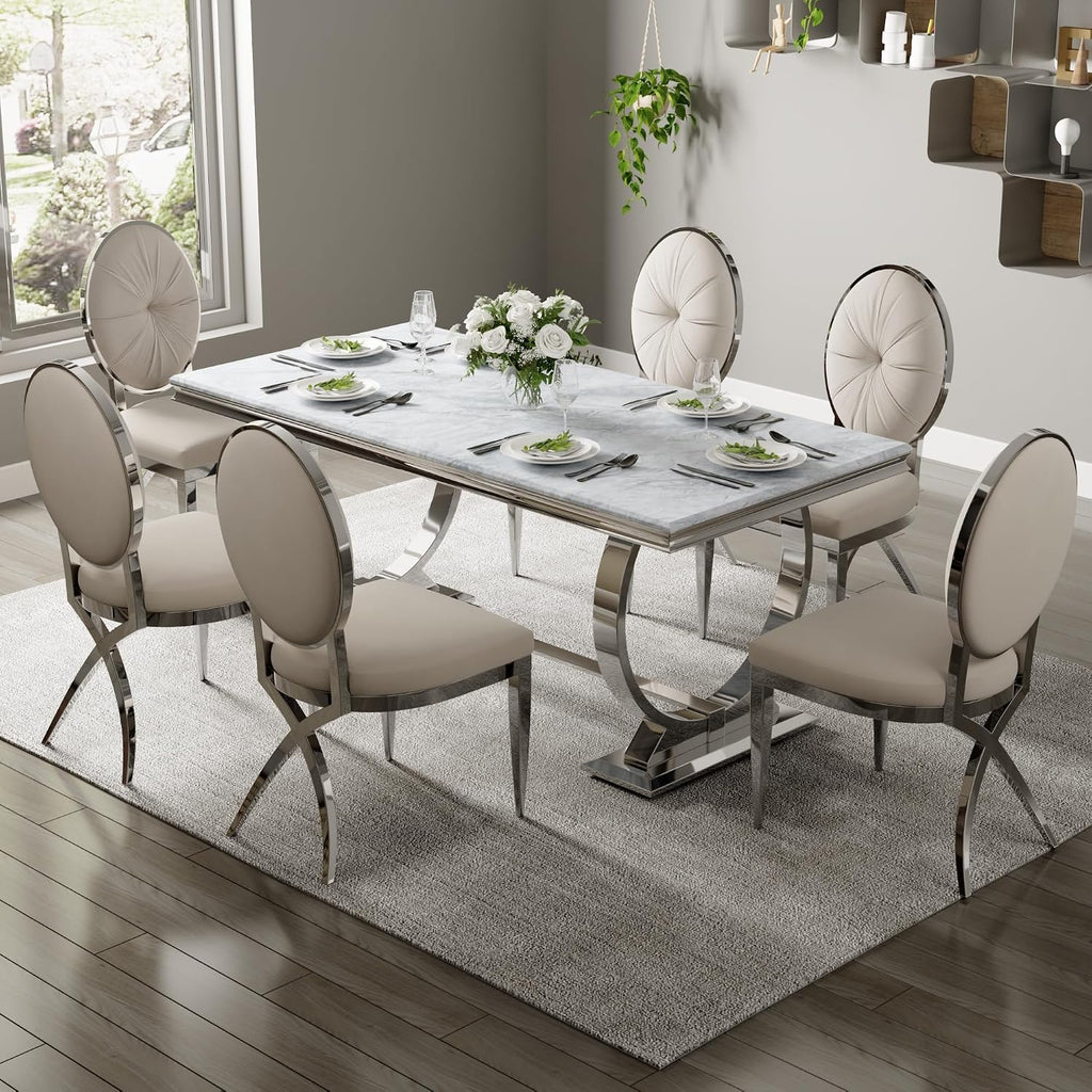 Dining Table, 70" Rectangular Modern Kitchen and Dining Room Table with Silver U-Base in Grey Silver