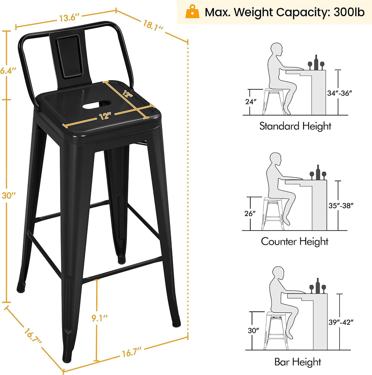 Yaheetech 30 Inch Metal Bar Stools Set of 4 Bar Chairs with Low Back, Black