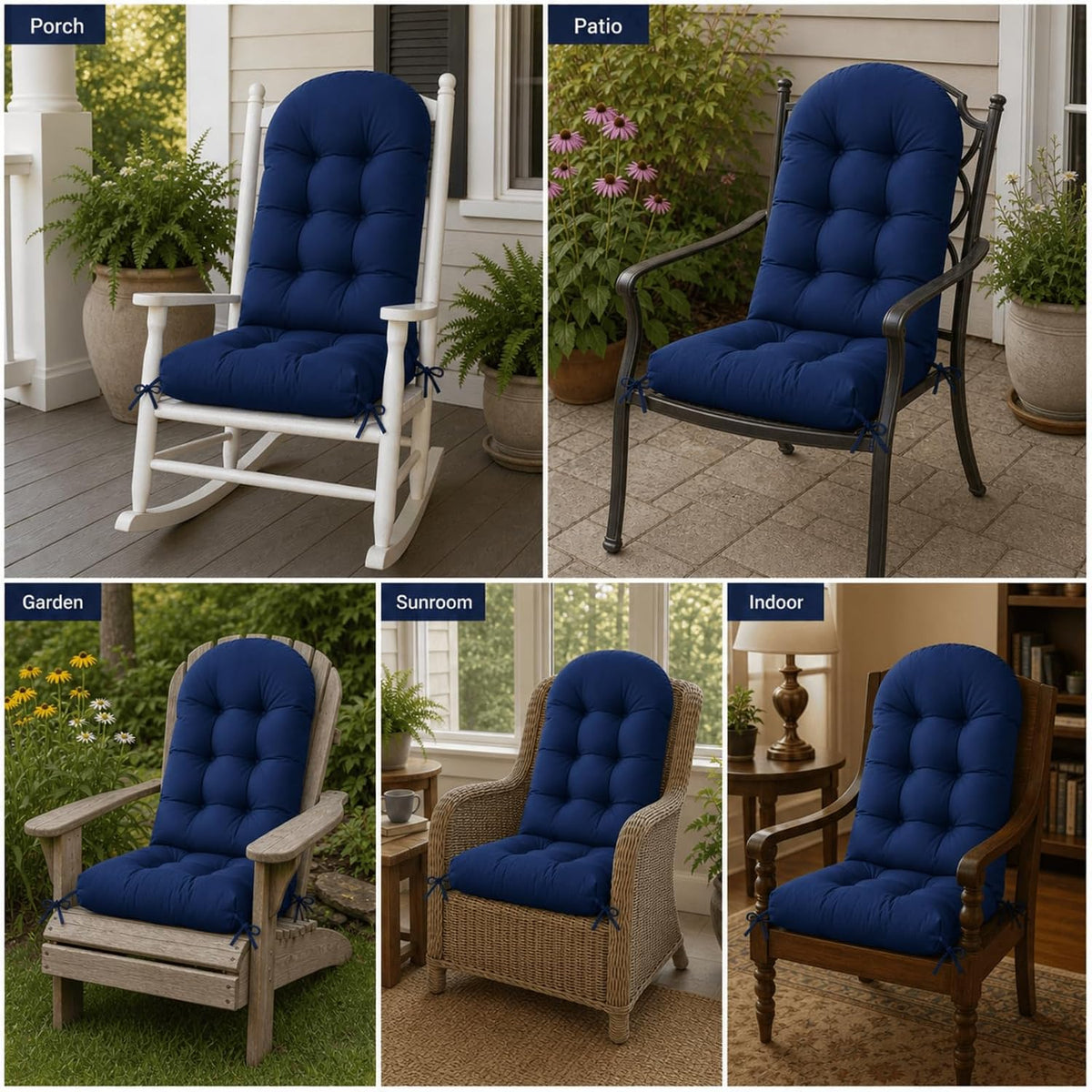 Rocking Chair Cushions Set of 2, Outdoor Thick Adirondack Chair Cushions, High Back Seat Pads for Porch Patio Chairs, Water & Fade Resistant Replacement Patio Furniture Cushion with Ties, Navy Blue