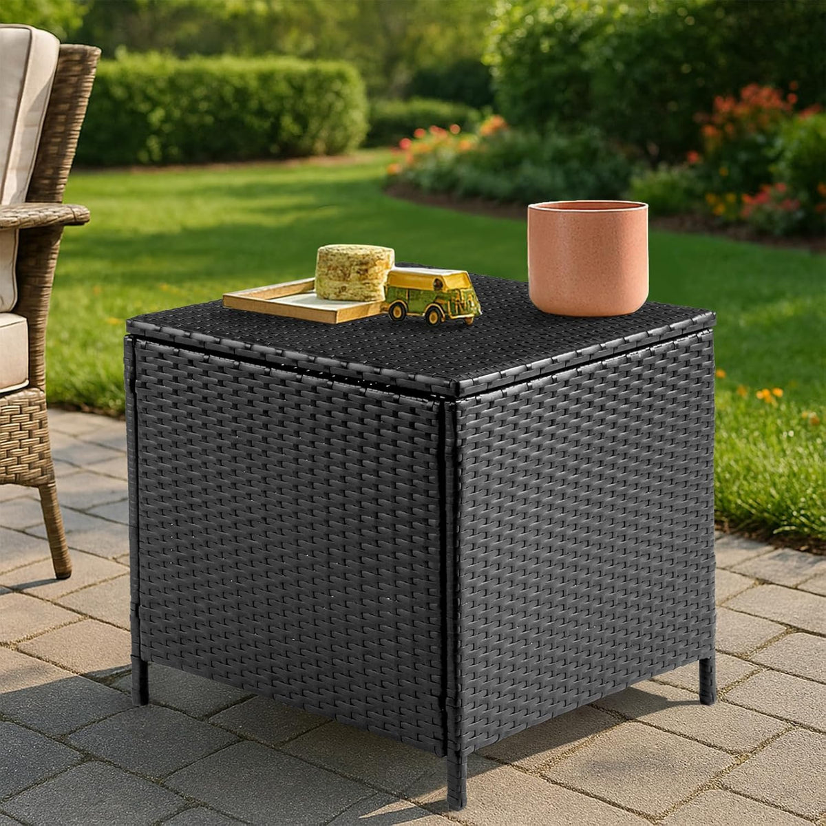 VINGLI Outdoor Side Table with Storage, 27-Gallon Patio Deck Box Outdoor Wicker Side Table for Poolside Balcony Storage Table (Black, Square)