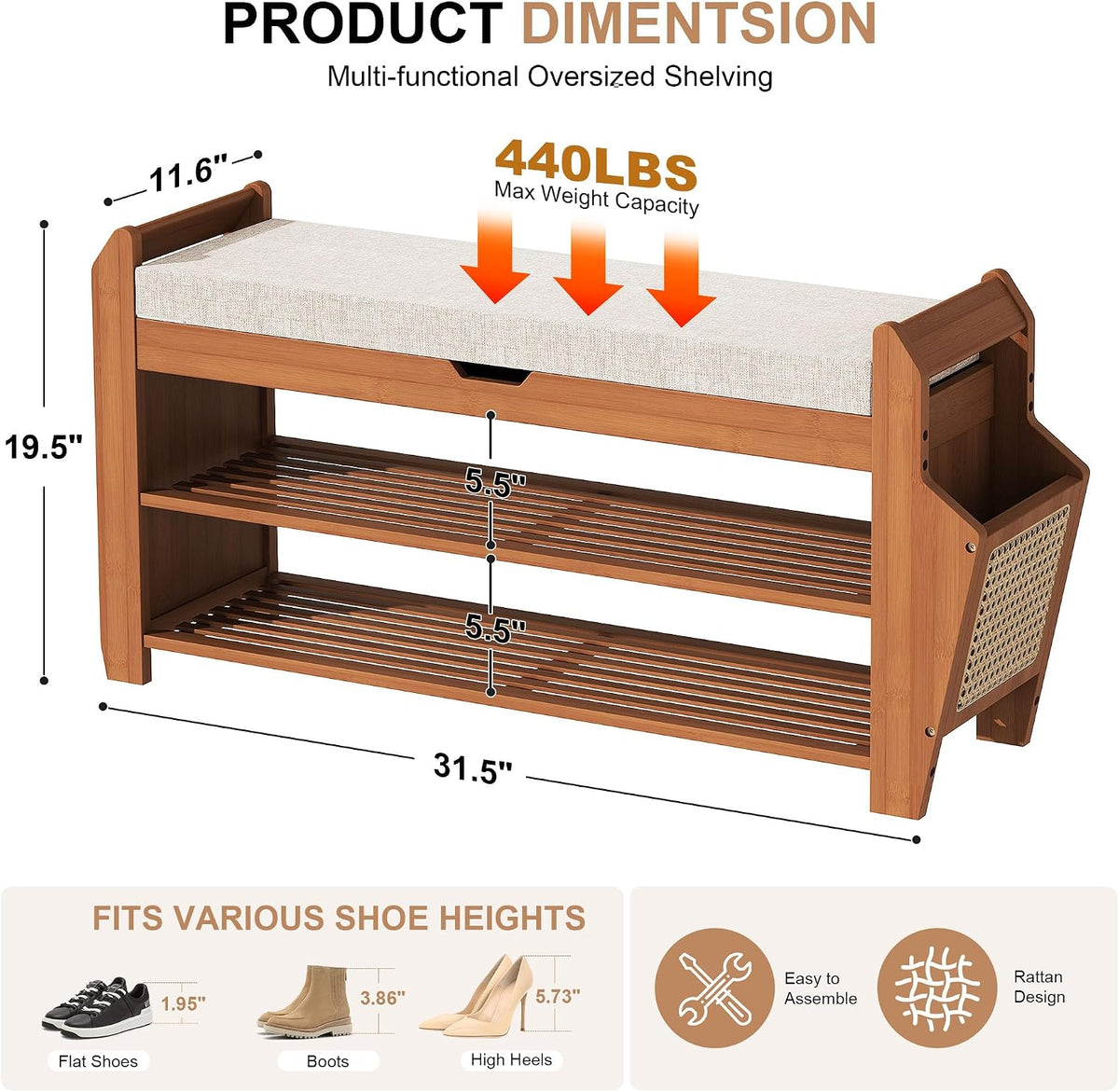 PETKABOO 31.5" Bamboo Shoe Rack Bench with Storage, 3-Tier Entryway Bench with Thick Cushion, Flip-Top & Side Baskets, Holds Up to 550 LBS for Hallway, Living Room, Bedroom
