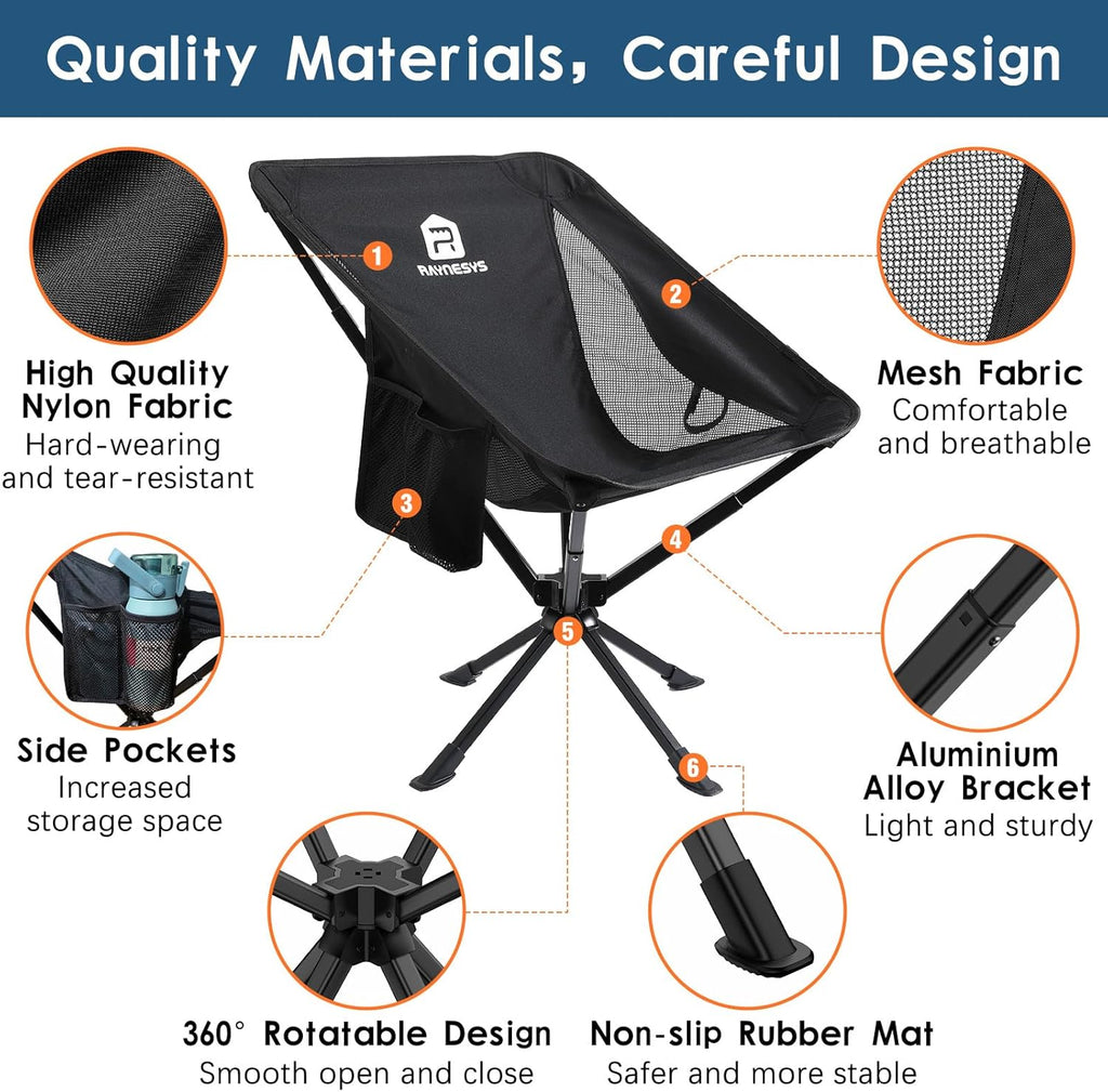 Raynesys Portable Swivel Camping Chair, 8 Seconds Quick Setup Easy Carry