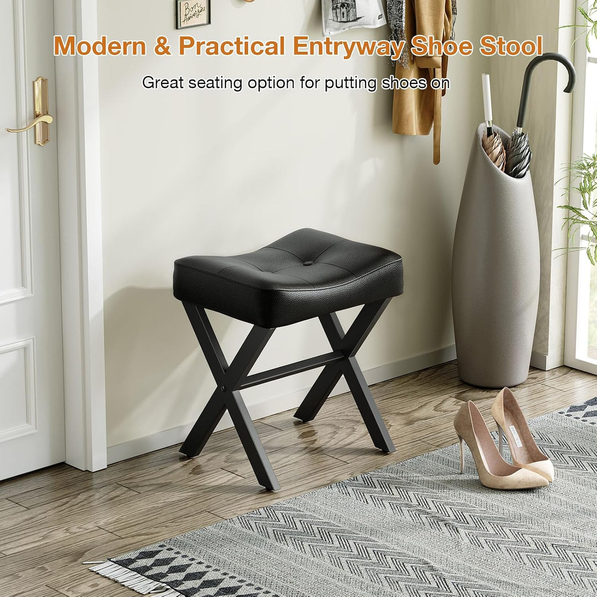 Memobarco 18-Inch Leather Vanity Stool Chair, Black