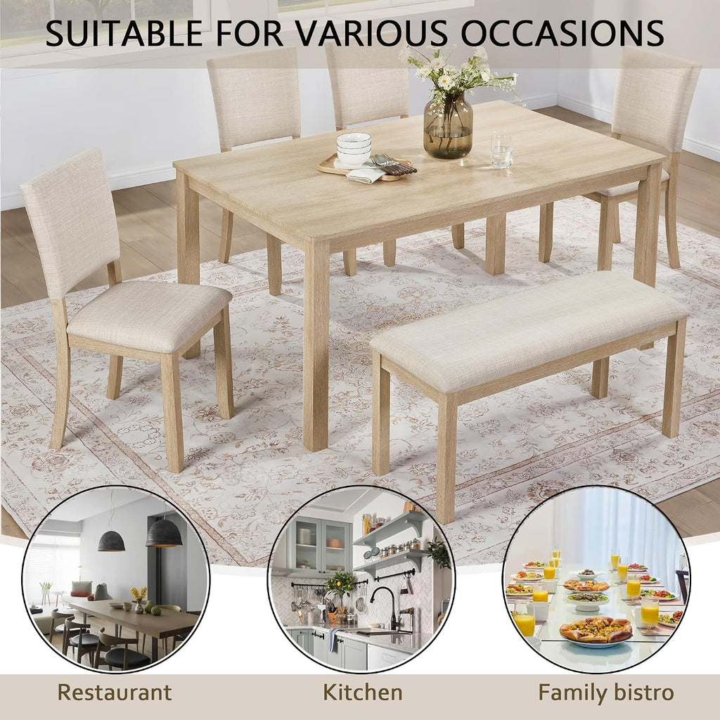 Harper & Bright Designs 6-Piece Dining Set with Bench & 4 Upholstered Chairs, 58.5" Modern Farmhouse Kitchen Table for 6, Easy Assembly,Light Oak & Beige