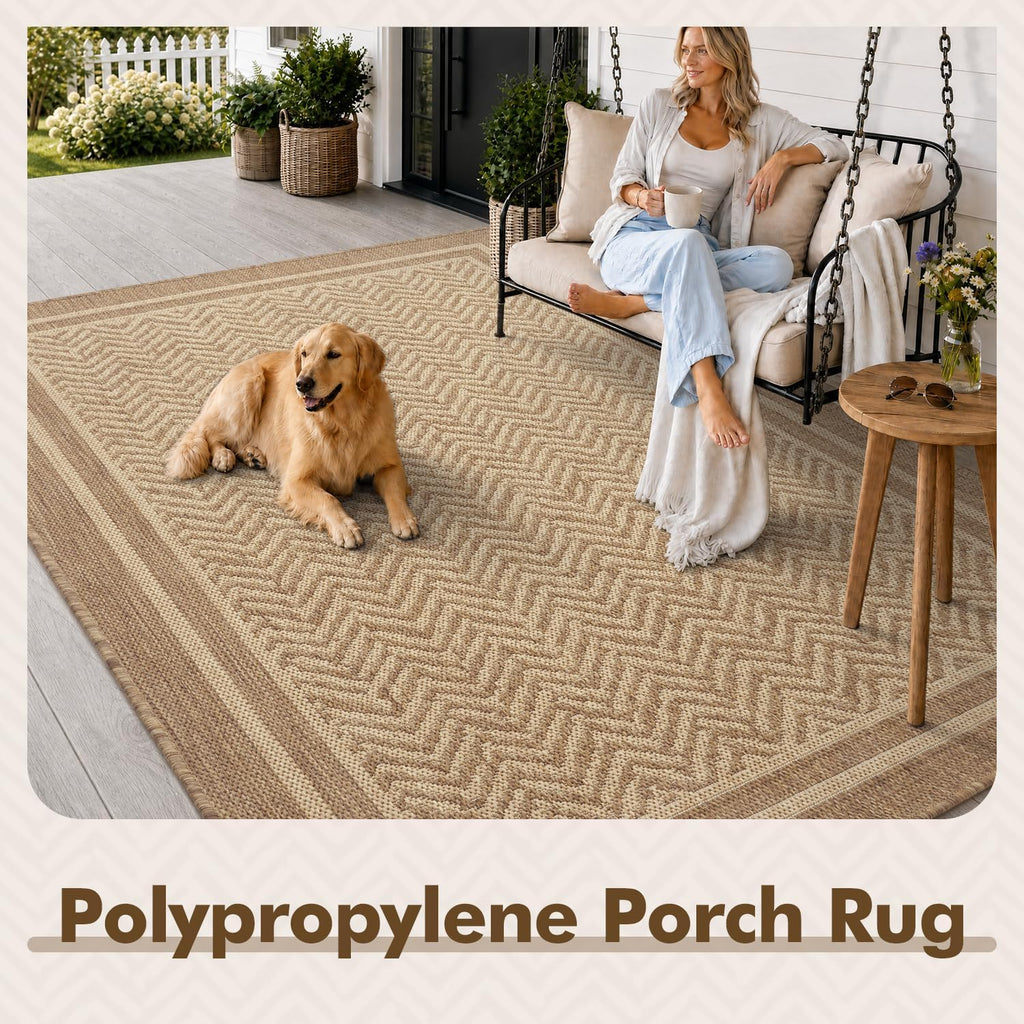 MontVoo-3x5 Outdoor Rug Porch Entryway Rug-Polypropylene Indoor Outdoor Rugs for Entryway Kitchen Balcony Patio, Textured Weave, Durable, Fade-Resistant, Non-Shedding, Boho Geometric Neutral Brown