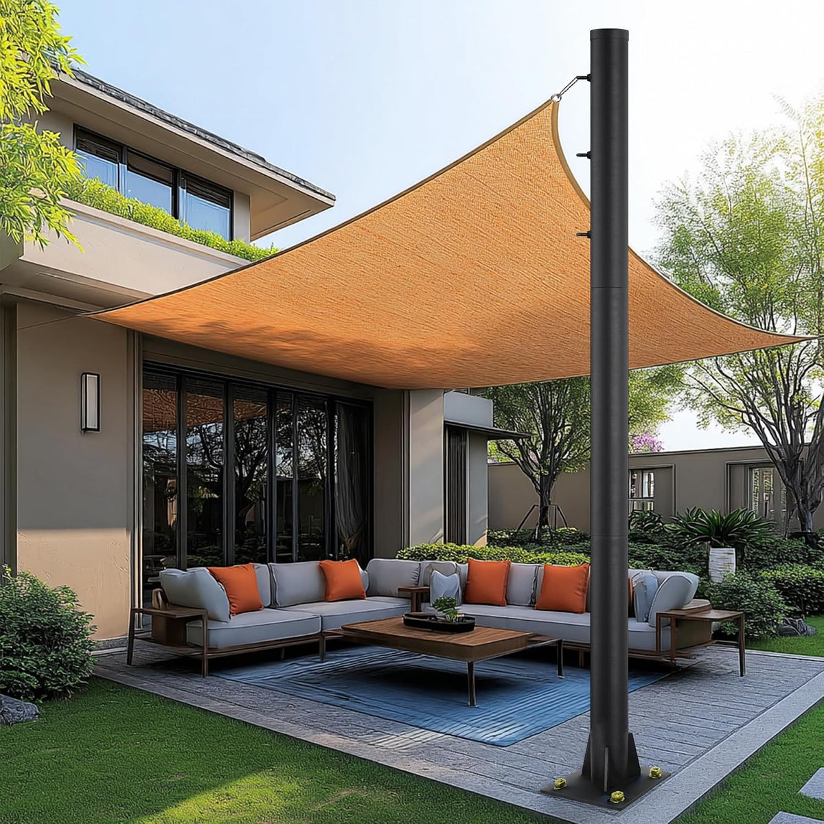 10ft Sun Shade Pole, 3" Diameter Heavy Duty Metal, Black Shade Sail Pole with 3 Rings for Patio, Deck, Playground, Backyard & Playground, One Pole