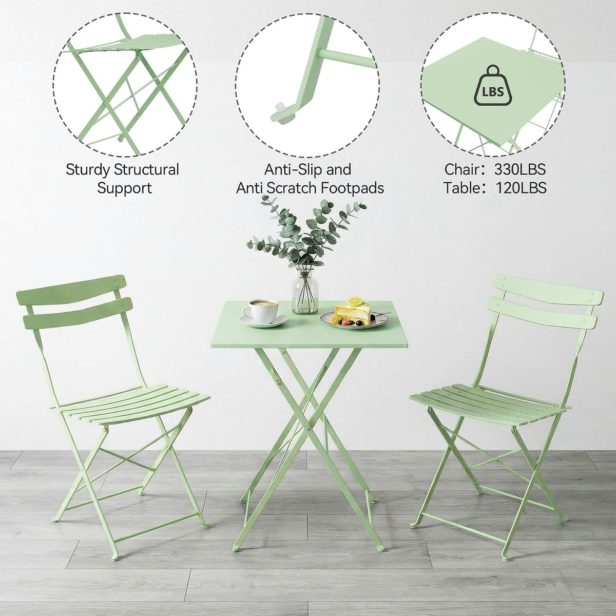IDEALHOUSE Bistro Table and Chairs Set of 2, Folding Design, Green