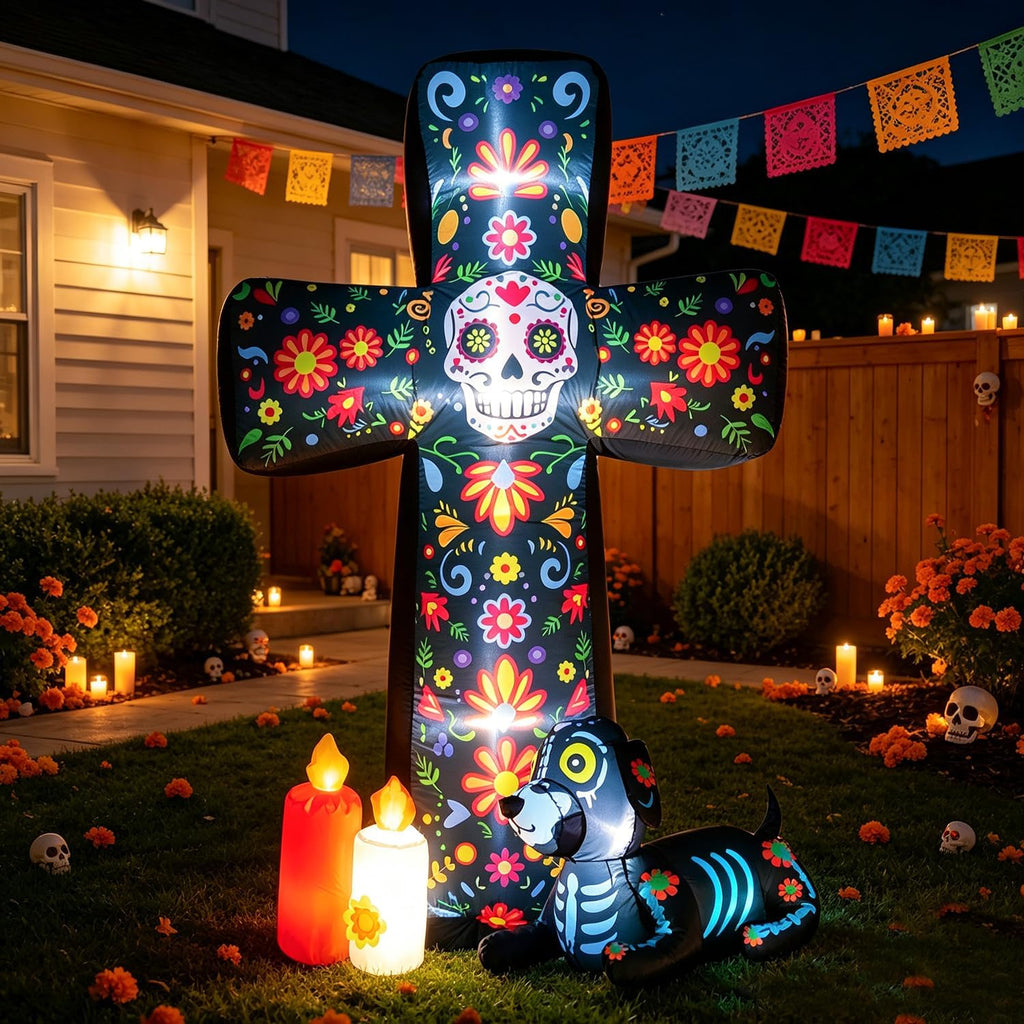 DomKom 6 FT Halloween Inflatable Outdoor Decorations, Day of the Dead Cross Blow Up with Skeleton Dog & Candles, Built-in LED Lights, Día de Los Muertos Yard Decoration for Lawn, Garden, Porch