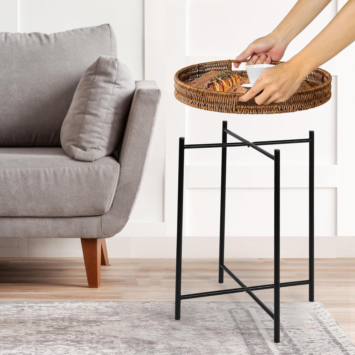 dingtai small wicker round end table, 16.5 in, side view