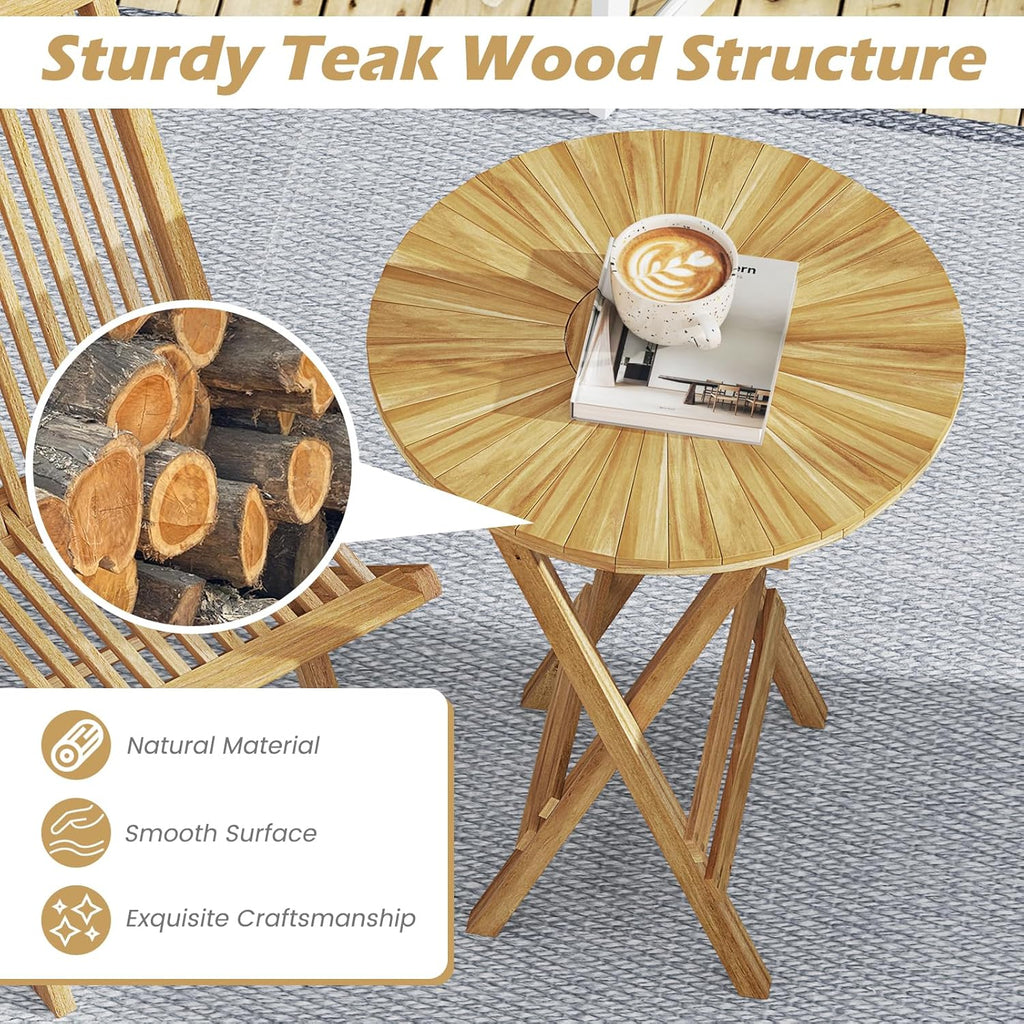 Tangkula Patio Folding Side Table, 23.5" Teak Wood Round End Table with Slatted Tabletop & X-Shaped Frame, Portable & Compact Bistro Table for Backyard, Poolside, Garden, Fully Assembled, Natural