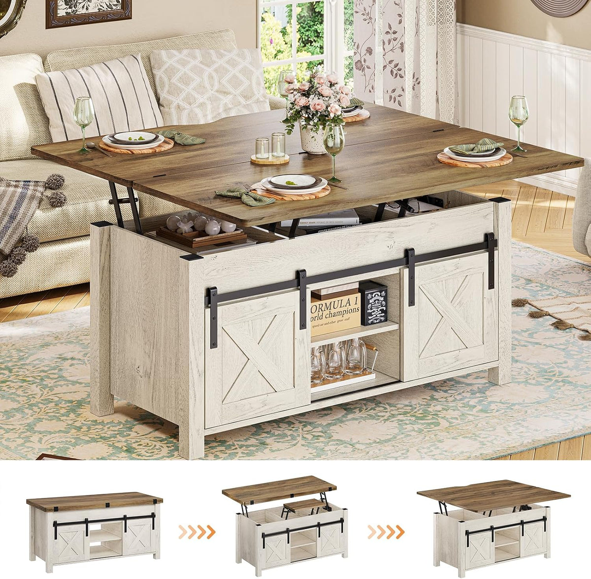 SEDETA Farmhouse Lift Top Coffee Table with Storage and Hidden Compartment