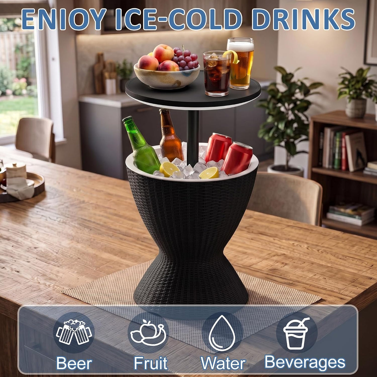EasyUp Outdoor Cooler Bar Table – 8 Gallon Outdoor Patio Cooler Table with Drain Plug, Adjustable Height Rattan-Style Resin Cool Bar for Poolside, Deck, BBQ & Parties Classic Black