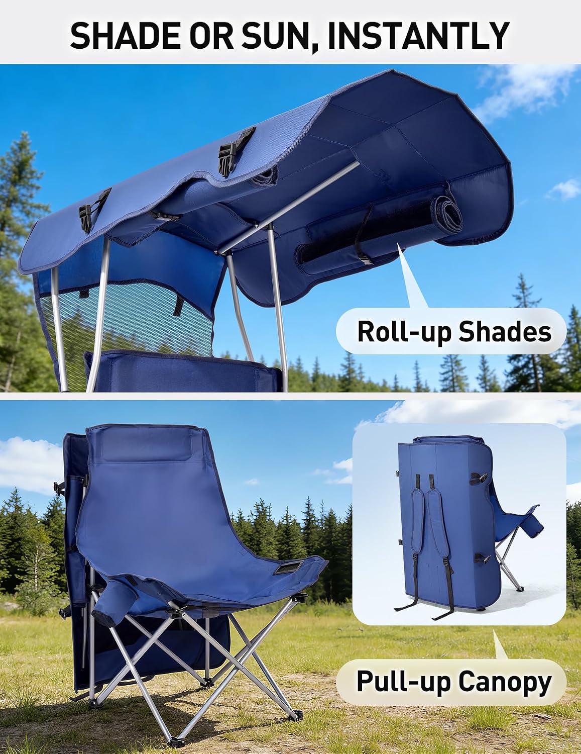 eo living oversized camping chair with canopy shade, front angle view
