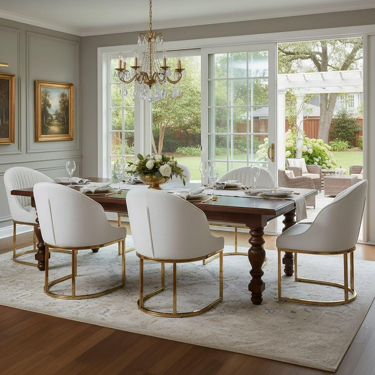 Hyfirm Modern Upholstered Boucle Dining Chairs Set of 6 w/Gold Legs, Beige