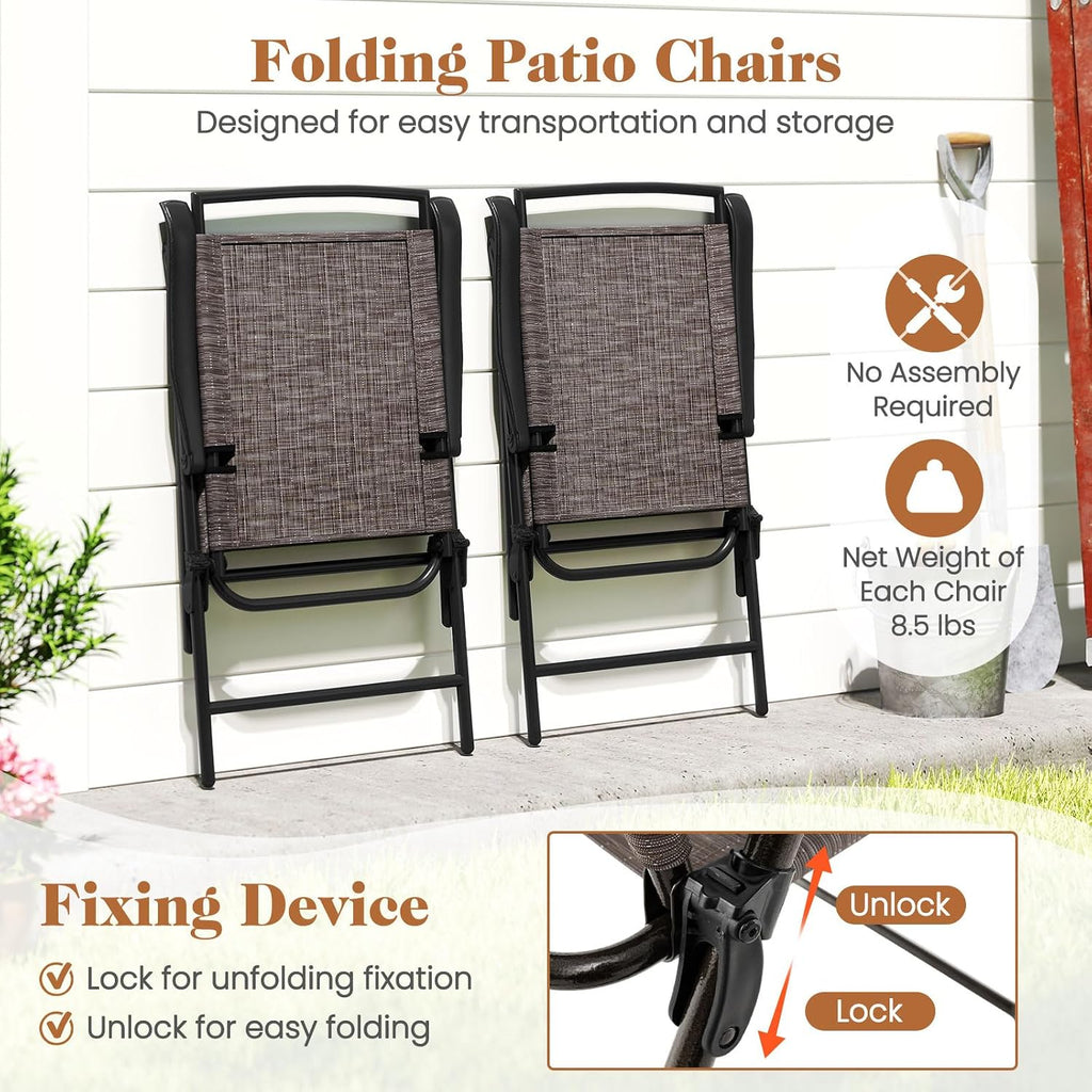 Tangkula 3 Piece Bistro Set Outdoor, Bistro Folding Chairs and Table Set, Rippled Tempered Glass Round Tabletop with Umbrella Hole, Small Patio Furniture Dining Set for Porch Balcony Garden Yard