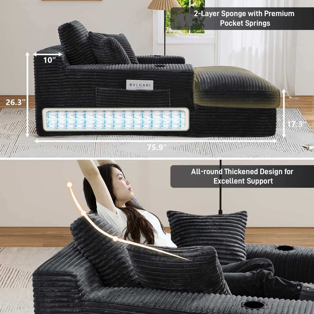 75.9"D Oversized Chaise Lounge Chair Indoor with Cup Holders,Dark Grey