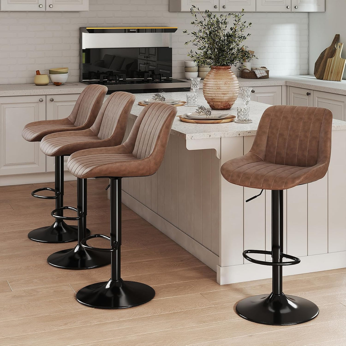 Youhauchair Adjustable Faux Leather Bar Stools Set of 2, Light Brown