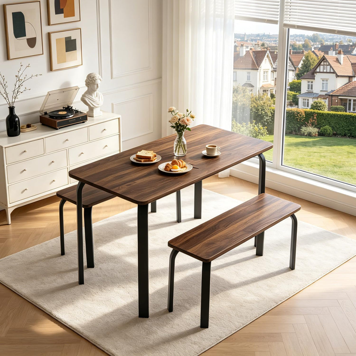 47" Dining Table Set for 4, Small Rectangle Kitchen Table Set with 2 Bench