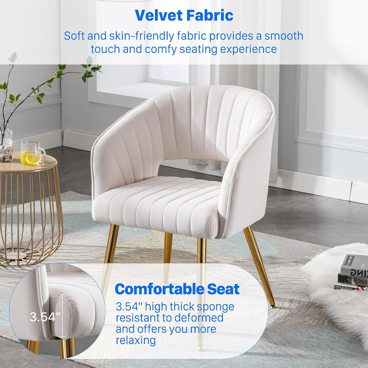 KCC Velvet Desk Chair Upholstered Tufted Chairs Dining Chairs 1 PC & Cream