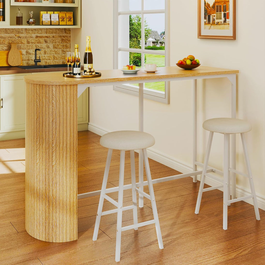 Fluted Bar Table and Chairs Set, 55'' Long Bar Tables with 2 Stools, 3 Piece Counter Height Dining Table for 2, Space Saving Kitchen Table for Bar, Dining Room, Kitchen, Breakfast Nook Corner, Natural